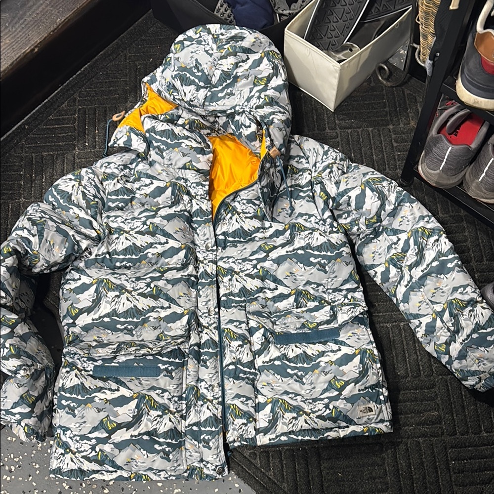 The North Face Gray and Yellow Puffer Jacket with Hood